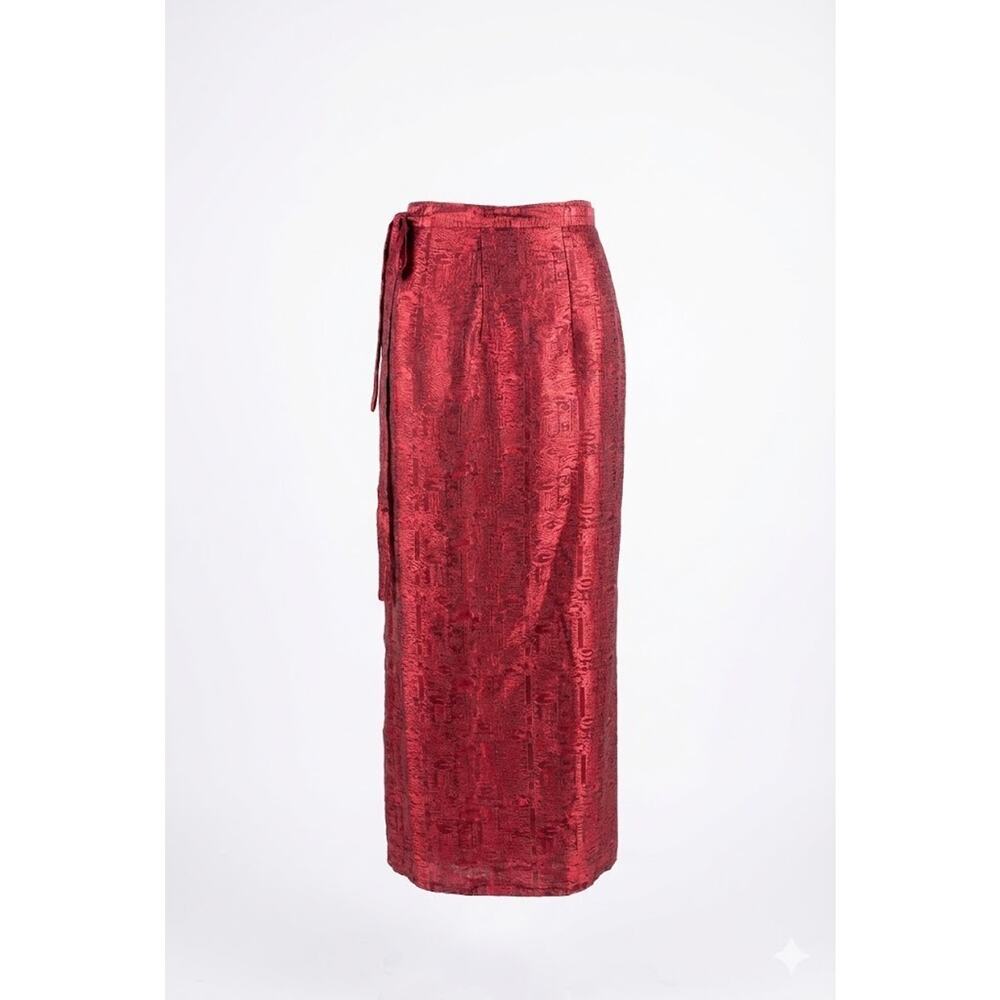Vintage Red Brocade Maxi Skirt Wrap Style Jacquard Woven Long Red Gold